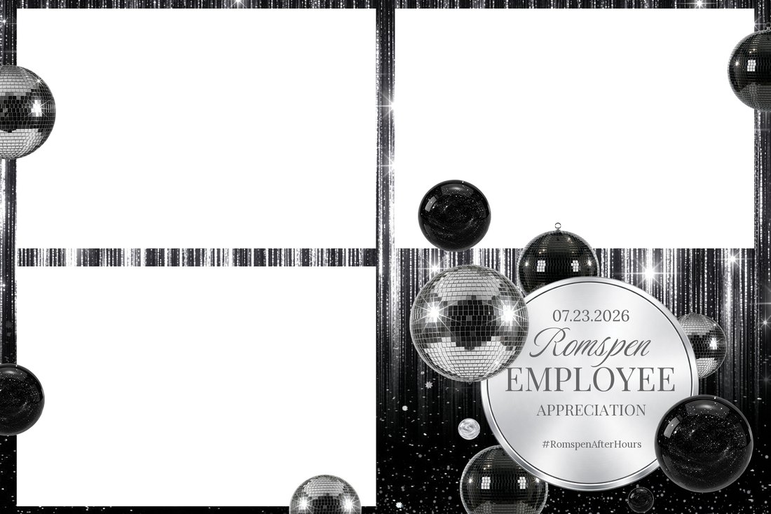 Black and silver disco ball 4x6 print design, made by Akari for the Romspen employee appreciation night